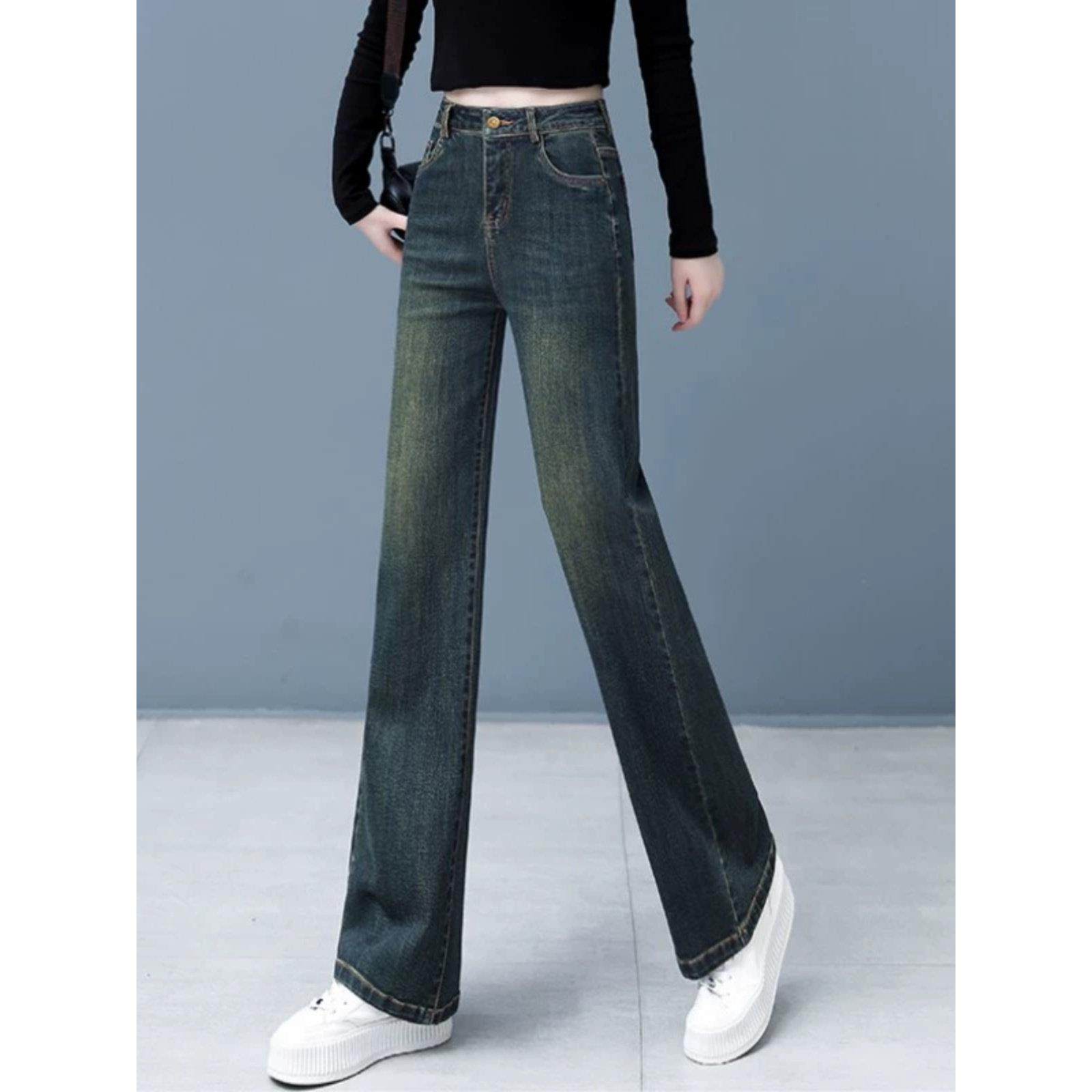 覆古蓝牛仔阔腿裤女2025年秋季新款高腰宽松显瘦窄版休闲直筒裤子