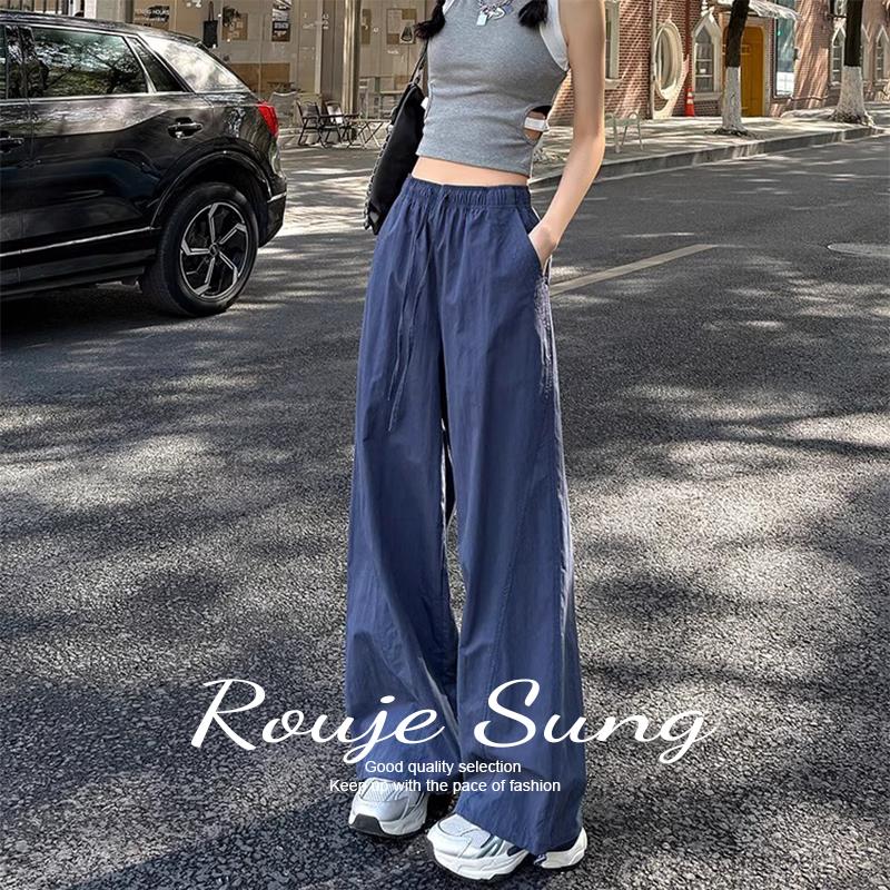 ROUJE SUNG藏青色工装裤女夏季薄款肌理感速干宽松休闲阔腿运动裤