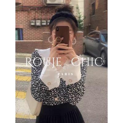 法国Rouje Chic法式2025年春季复古碎花衬衫女显瘦翻领小心机上衣