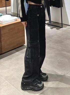英国Next Road复古高街阔腿工装牛仔裤女设计感宽松直筒拖地裤子