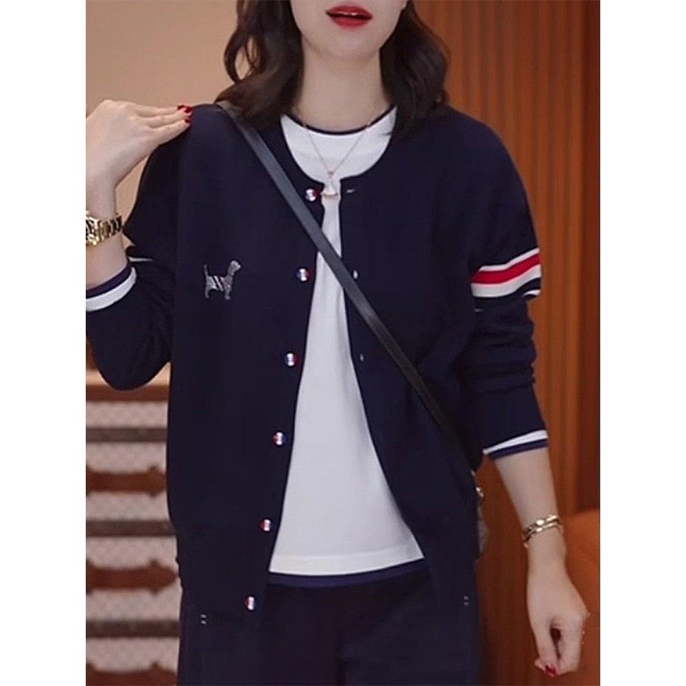 潮牌CVY条纹毛衣外套女2025秋冬新款韩版开衫刺绣休闲针织衫上衣