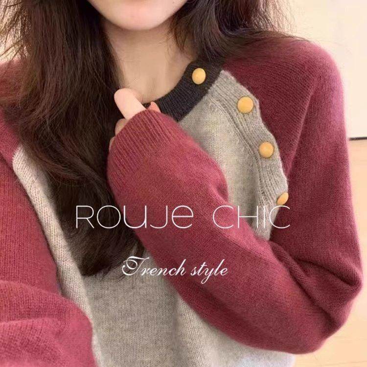 法国rouje chic法式插肩袖斜扣加厚浣熊绒针织衫毛衣女秋冬季上衣,女装/女士精品,大码内搭,淘宝优惠券,粉丝福利购,淘宝优惠卷