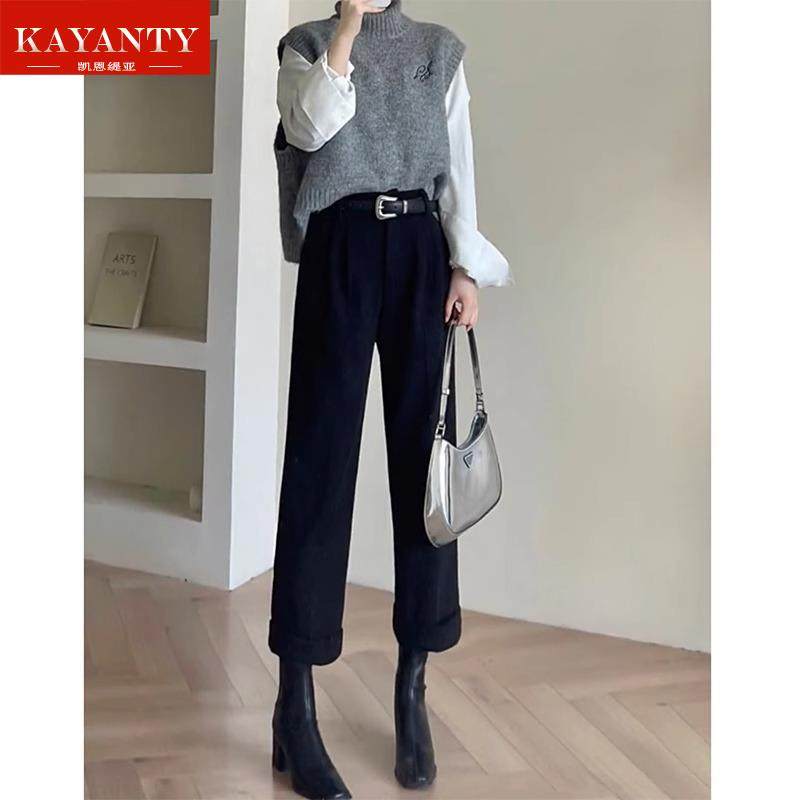 KAYANTY高级感加绒毛呢西装裤女2025秋冬新款小个子高腰直筒九分