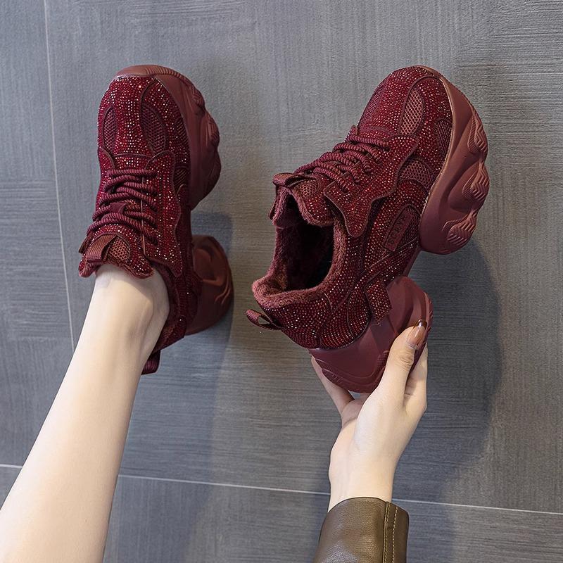 红色水钻老爹鞋子女2025春秋新款爆款内增高厚底加绒运动休闲 女