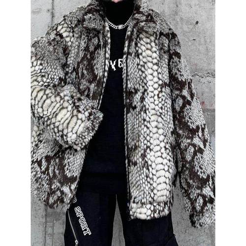 コーデュイの潮牌彷皮草蛇纹夹棉外套男冬季羊羔毛绒大衣炸街棉服