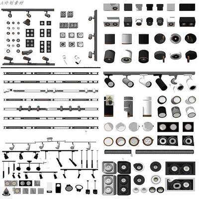 现代筒灯射灯轨道灯SU模型舞台灯具嵌灯条双头sketchup草图大师