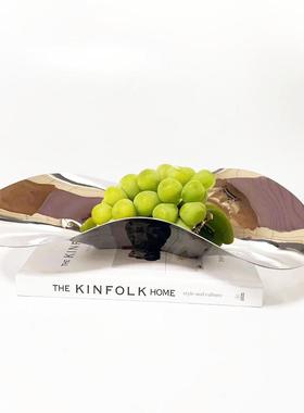 欧式银色304不锈钢不规则流线果盘托盘摆件厨房餐厅样板房软装饰