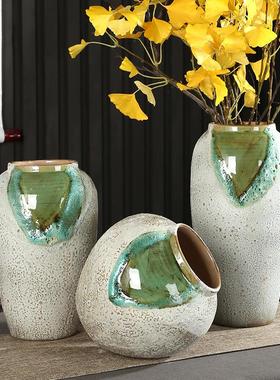 景德镇陶瓷花瓶三件套复古手工粗陶陶罐干花插花花瓶绿色简约现代