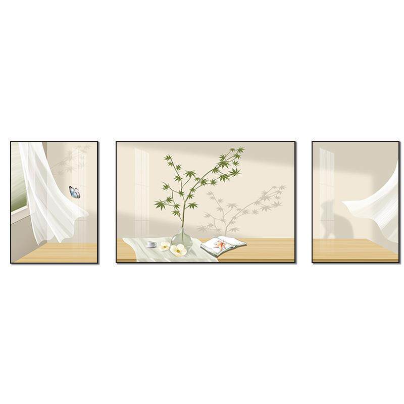 北欧绿植客厅装饰画小清晰原木奶油风沙发背景墙挂画治愈系三联画