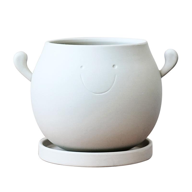 韩国创意陶瓷绿笑脸加油花盆花盆陶盆爱透气植盆栽陶土肉多桌面创