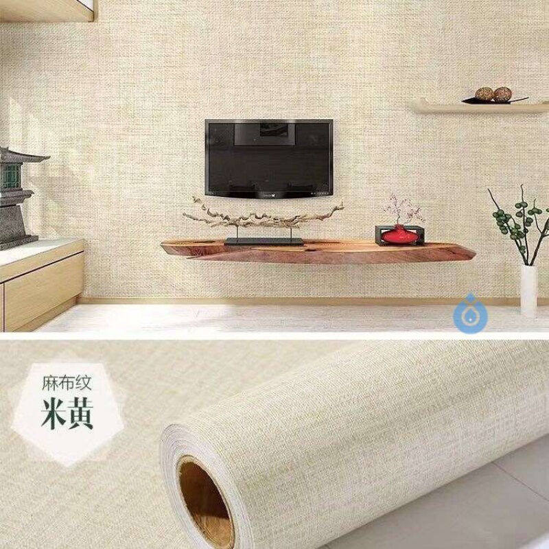 墙布竖纹暗纹加厚水墙纸自粘卧室麻布壁纸客厅纯色米黄麻布60厘i.