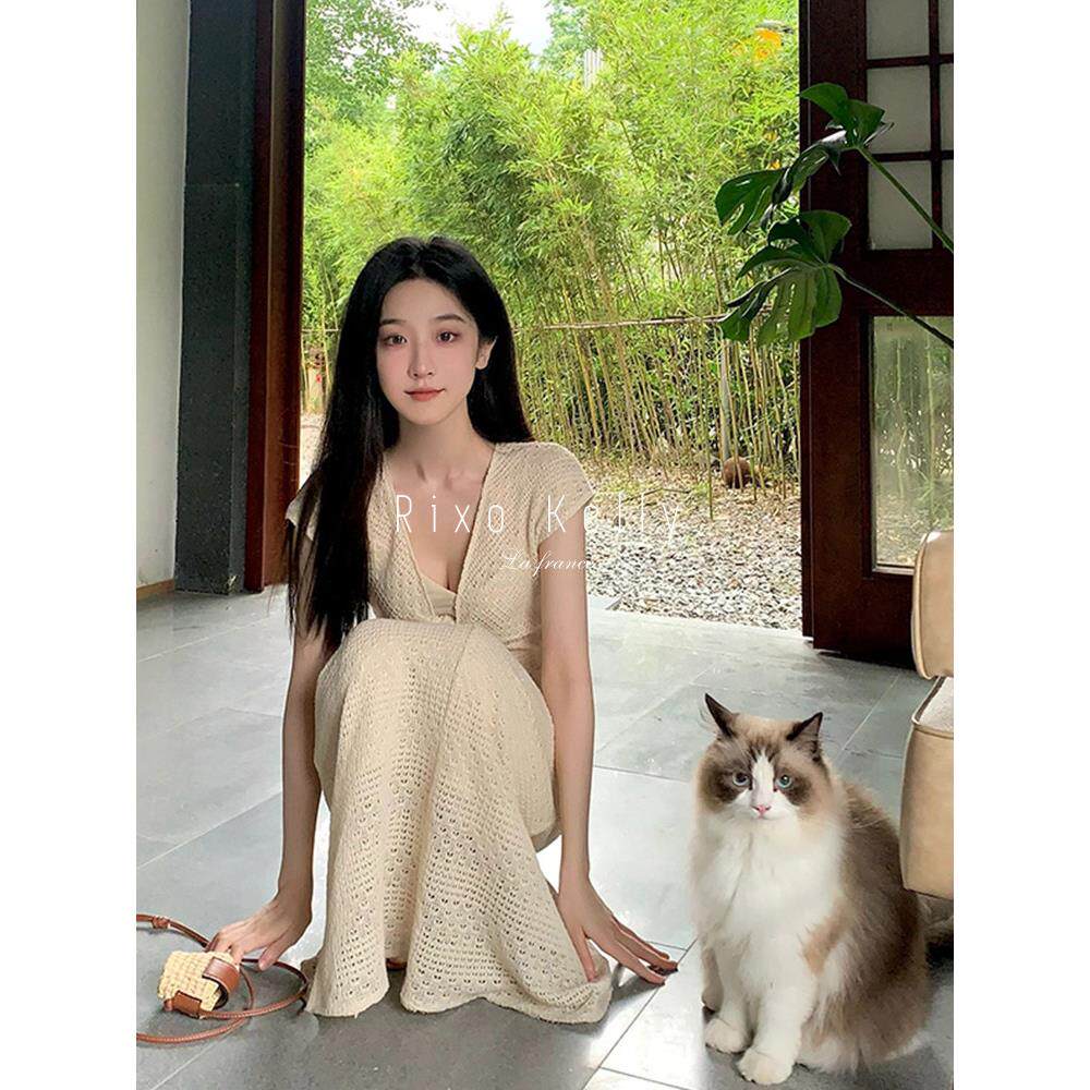 Rixo Kelly法式扭结设计感镂空针织连衣裙女高级感绝美两件套裙子