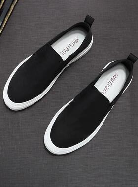 MassContiy~匠心打造~透气帆布乐福鞋男士一脚蹬黑色懒人休闲鞋男