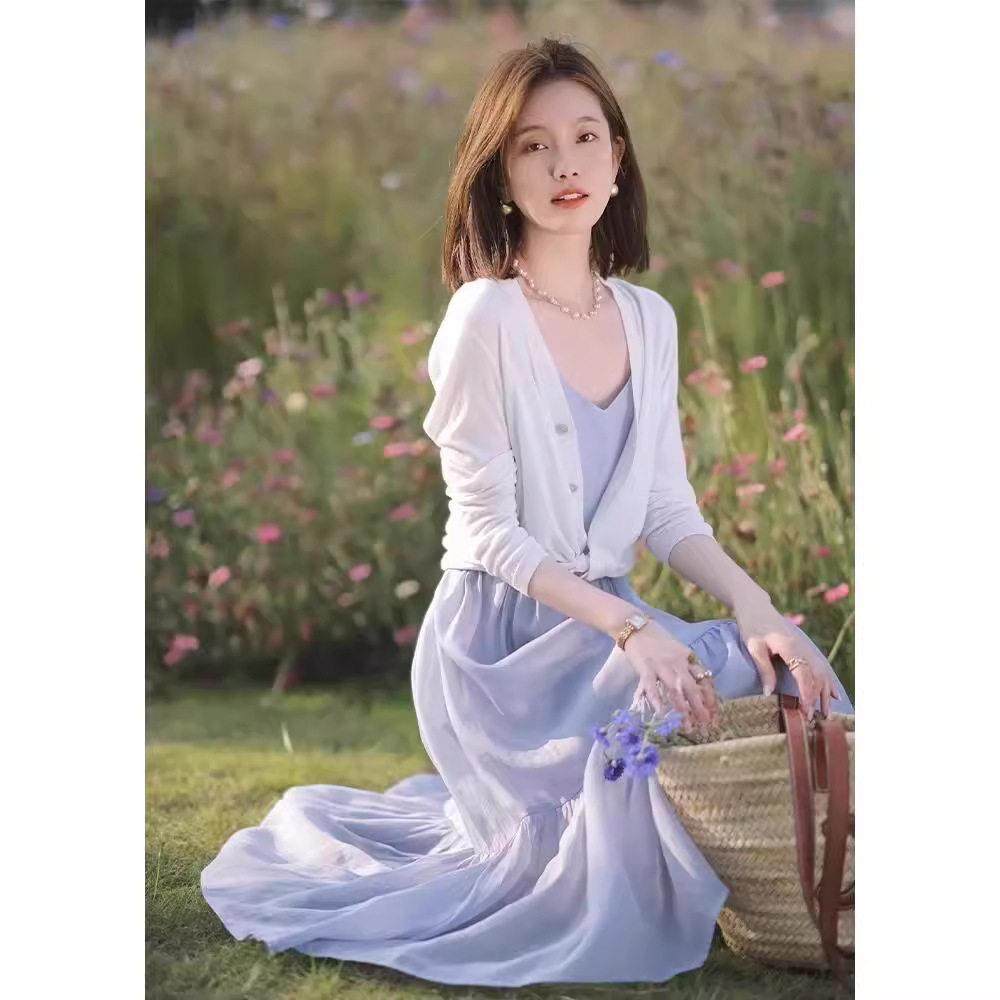 欧洲站早秋新款法式茶歇桔梗温柔风精致绝美开衫吊带连衣裙两件套