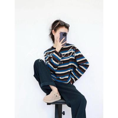 Rouje Damas松弛有型针织衫艺术感配色条纹落肩宽松慵懒风T恤上衣