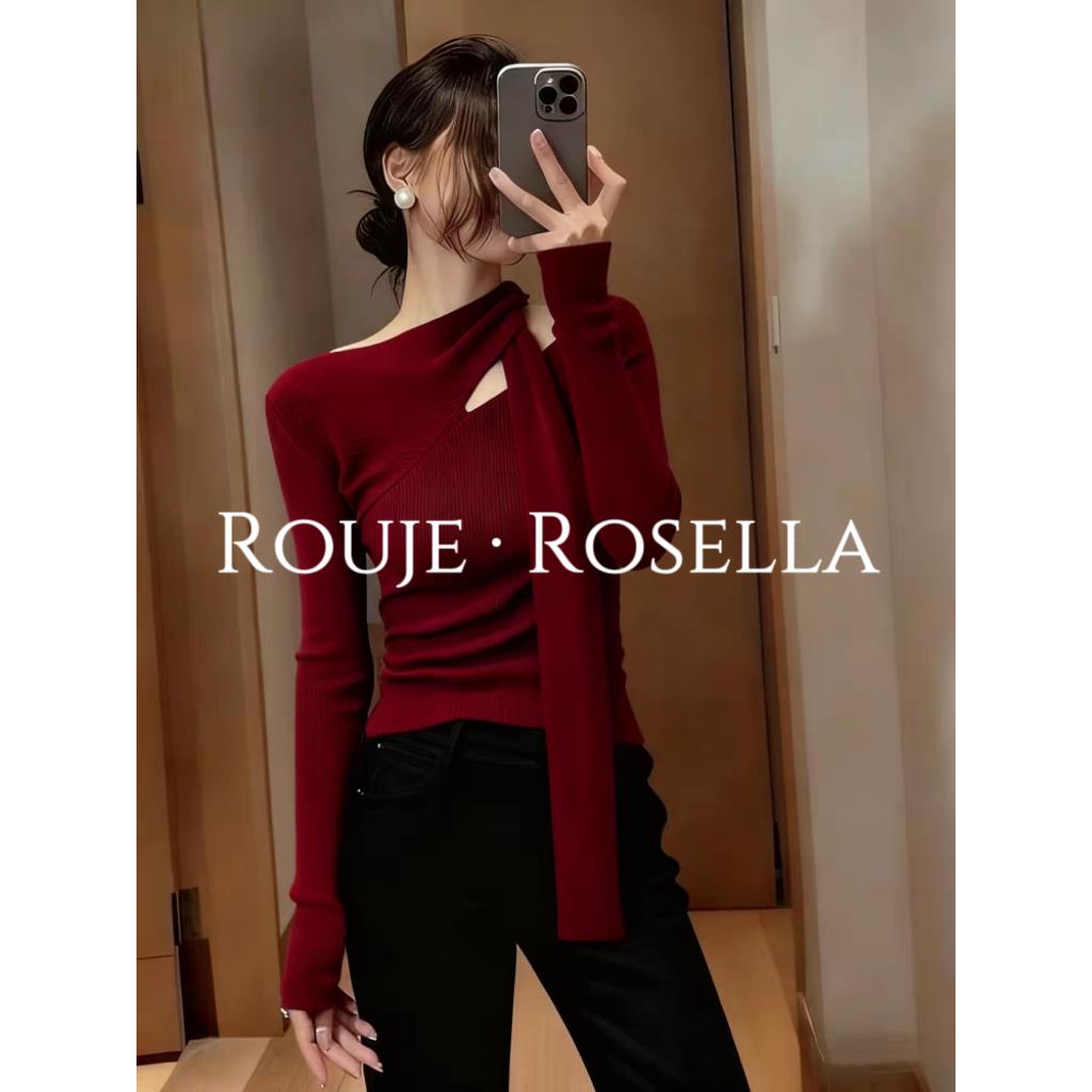 法国Rouje Rosella高颜迷人新年红色镂空飘带针织衫内搭上衣女