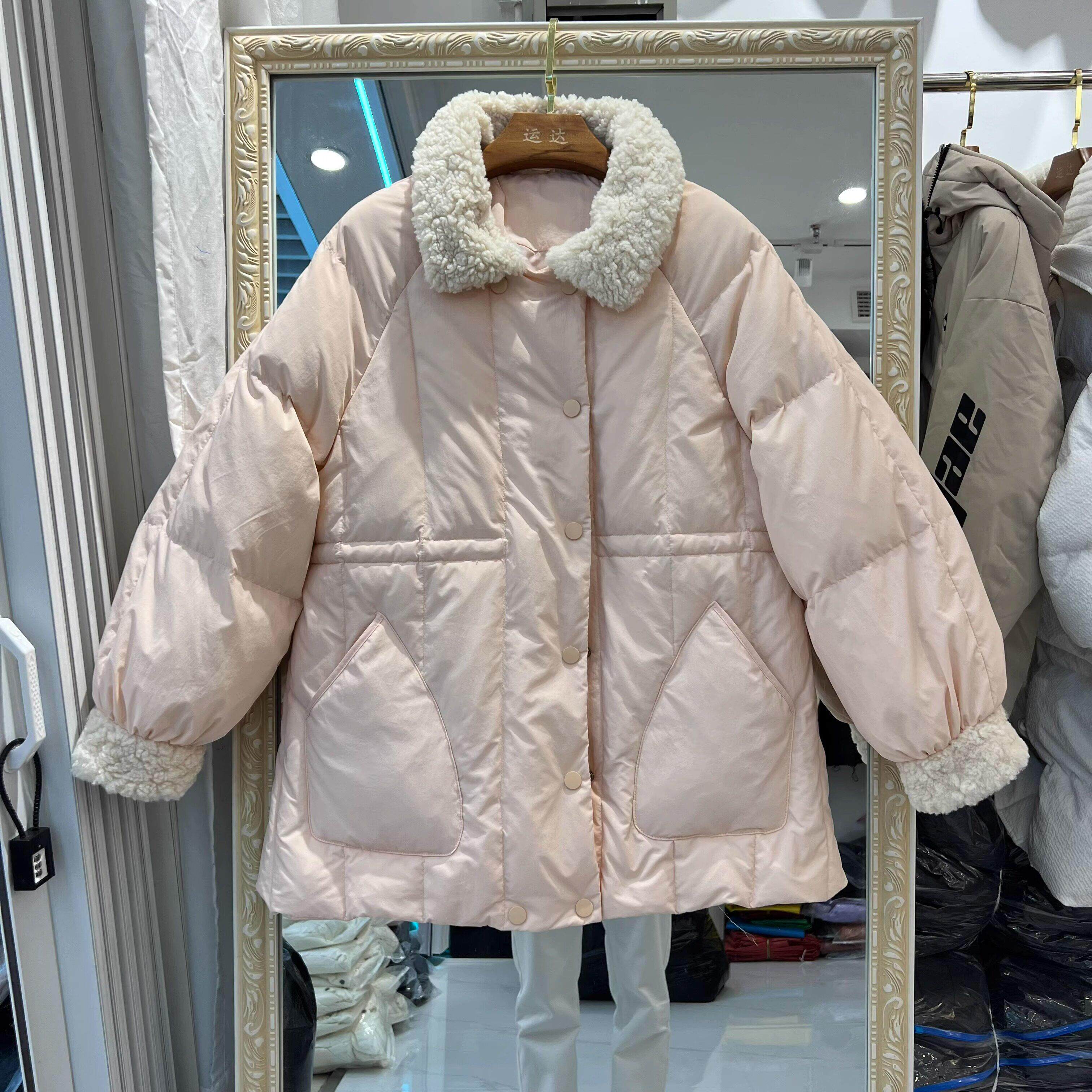 LILY MOST羽绒服女中长款2025冬季新款小翻领羊羔毛保暖白鸭绒