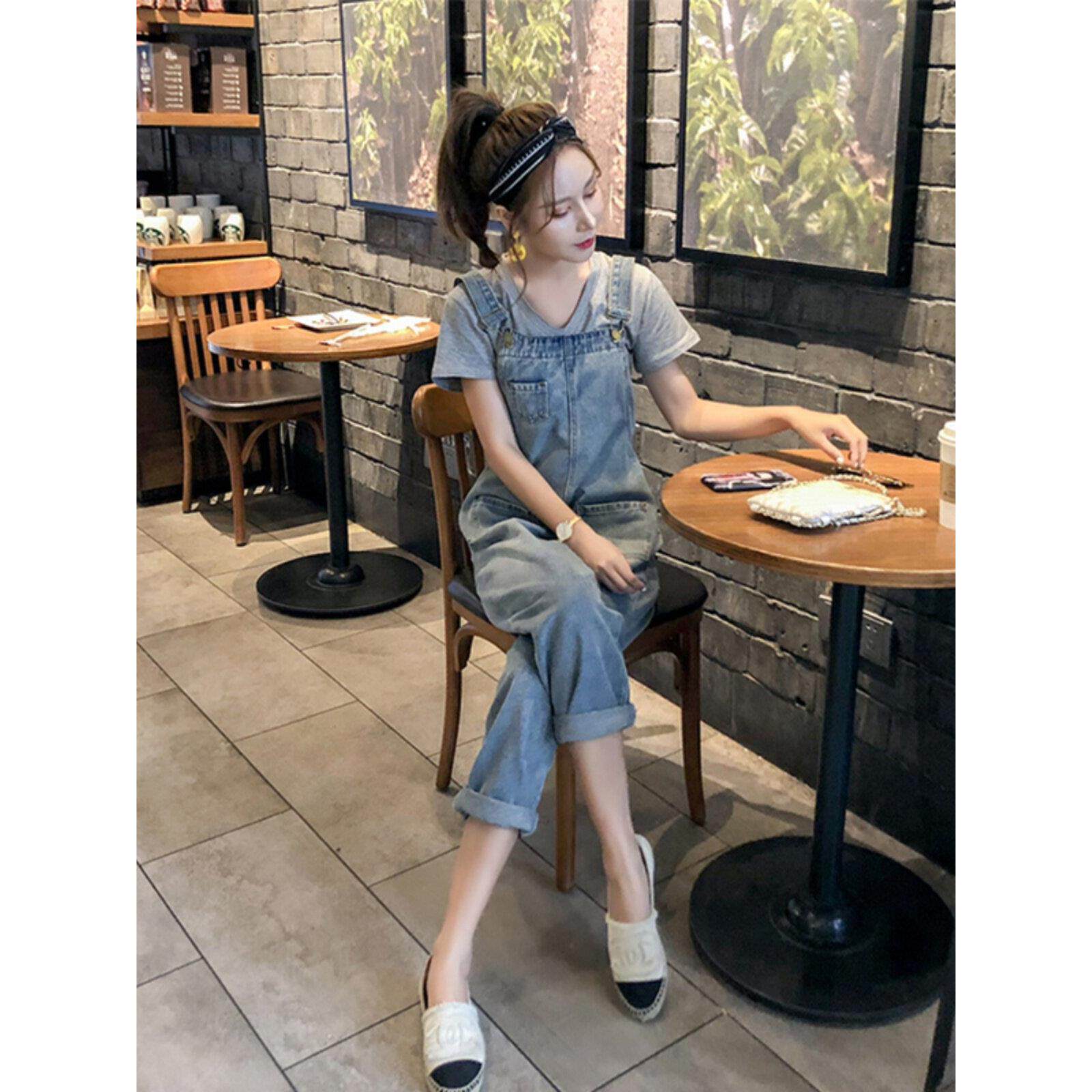 背带裤女韩版宽松小个子减龄套装网红时尚吊带两件套牛仔连体裤潮