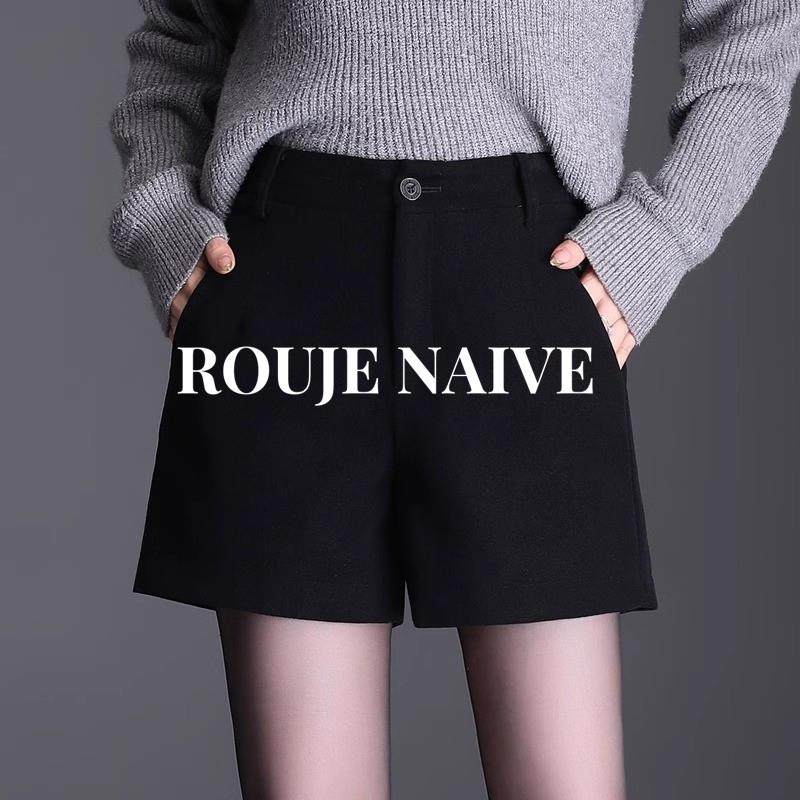 ROUJE NAIVE毛呢短裤女秋冬新款高腰显瘦大码胖mm黑色西装靴裤子