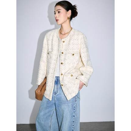 艾丽恩裳高端女装秋新款重工金银丝粗花呢高级感小香风羊毛呢外套