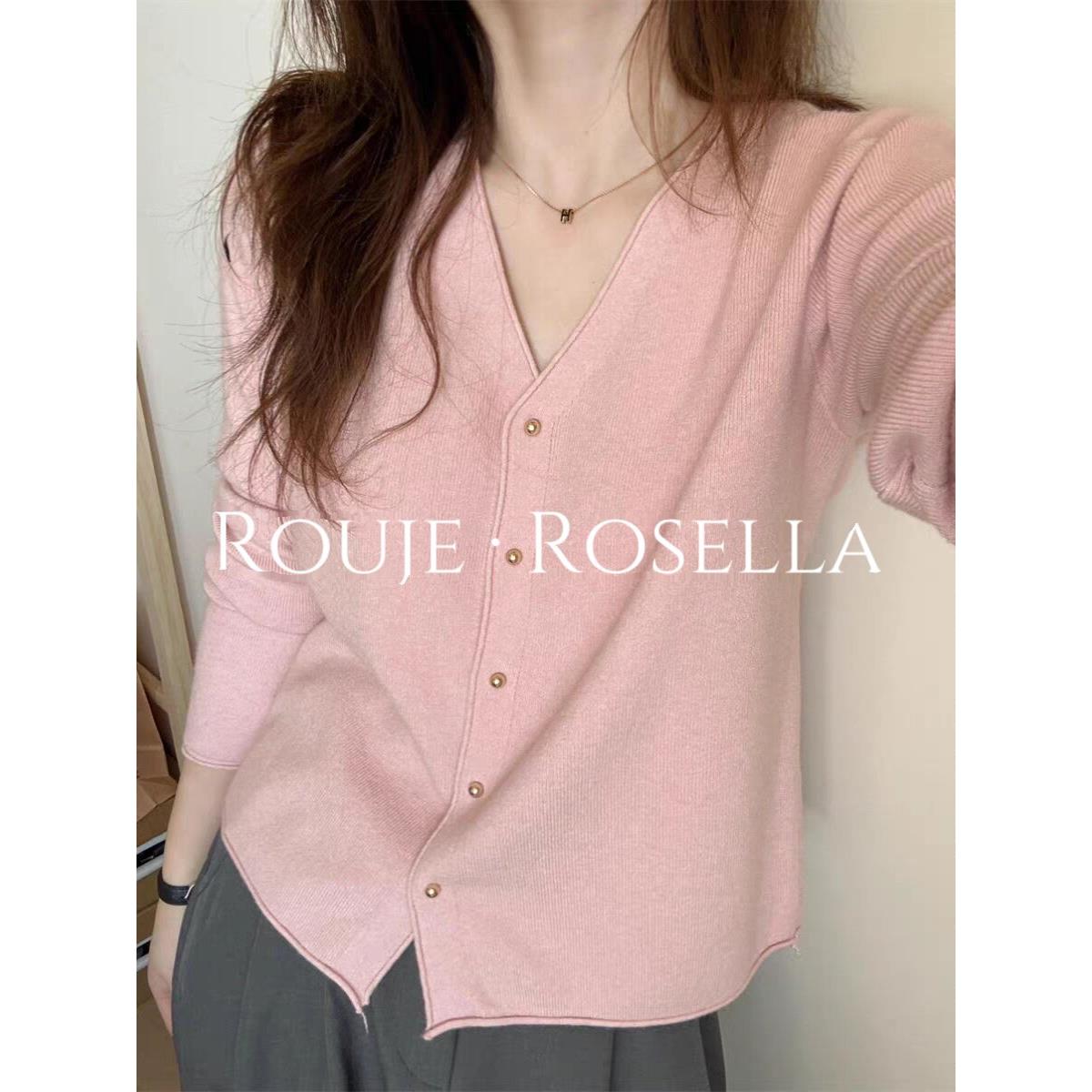 法国Rouje Rosella优雅⭐法式V领针织开衫女温柔减龄薄款毛衣外套