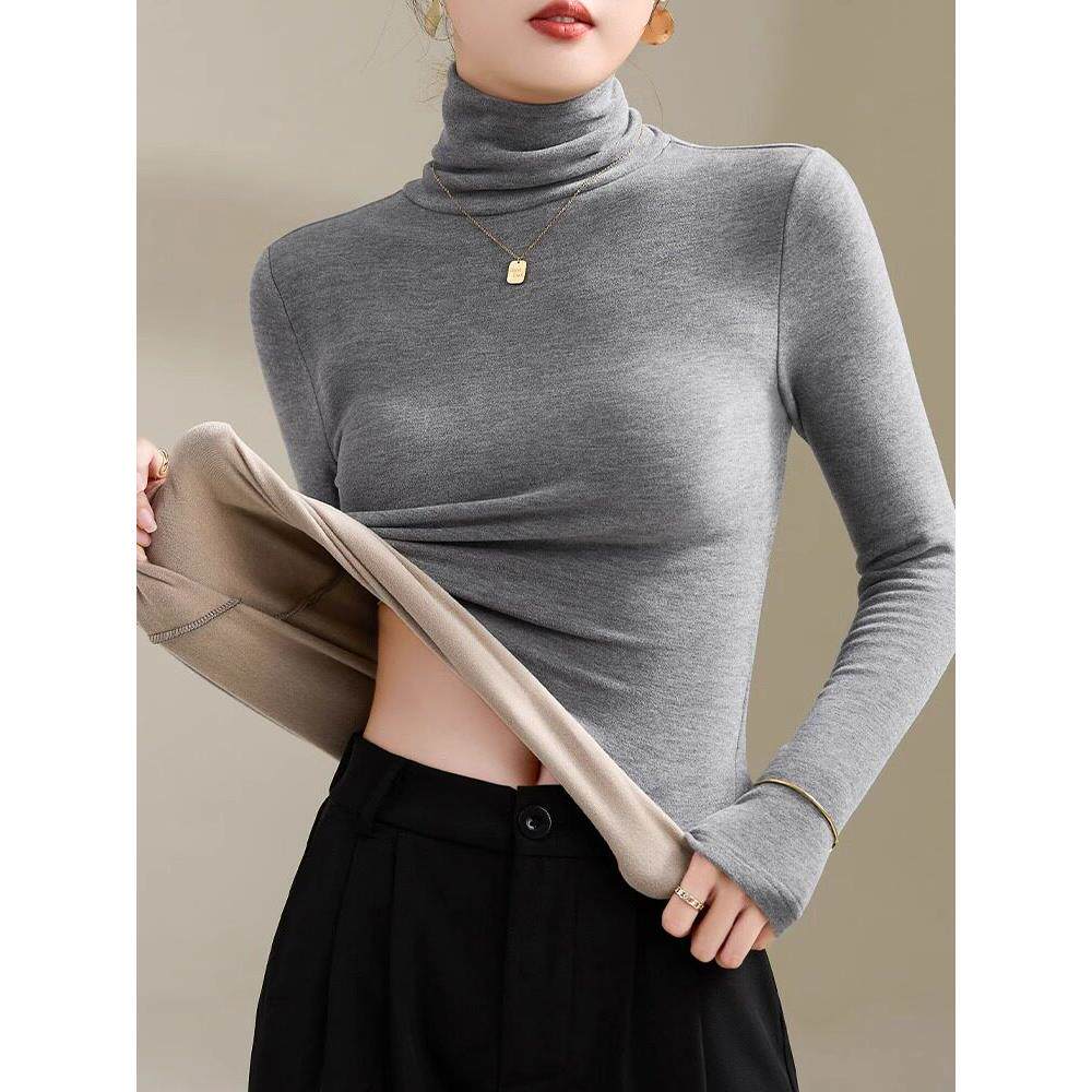 法式堆堆领高领羊绒打底衫女士秋冬新款内搭加绒加厚保暖上衣