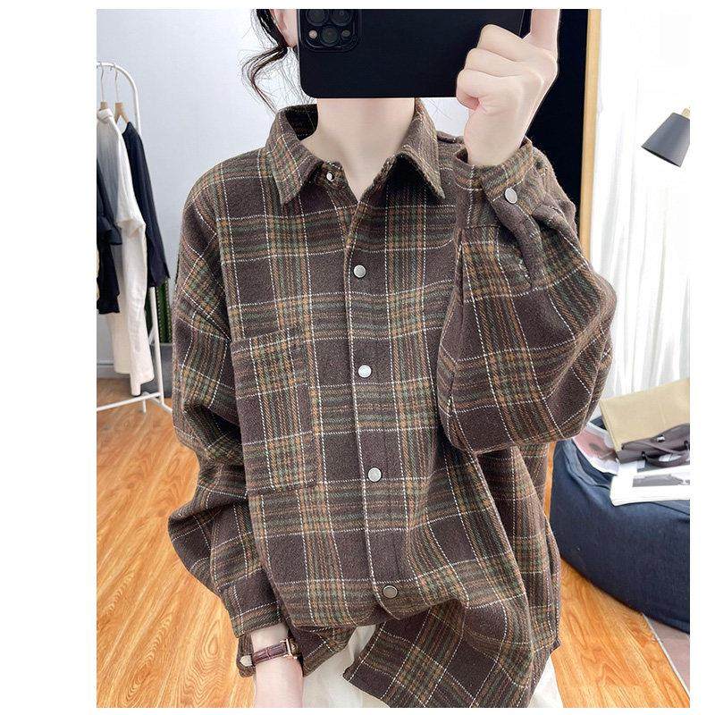 日系深咖色格子衬衫女2025春秋新款加绒加厚宽松复古翻领保暖衬衣