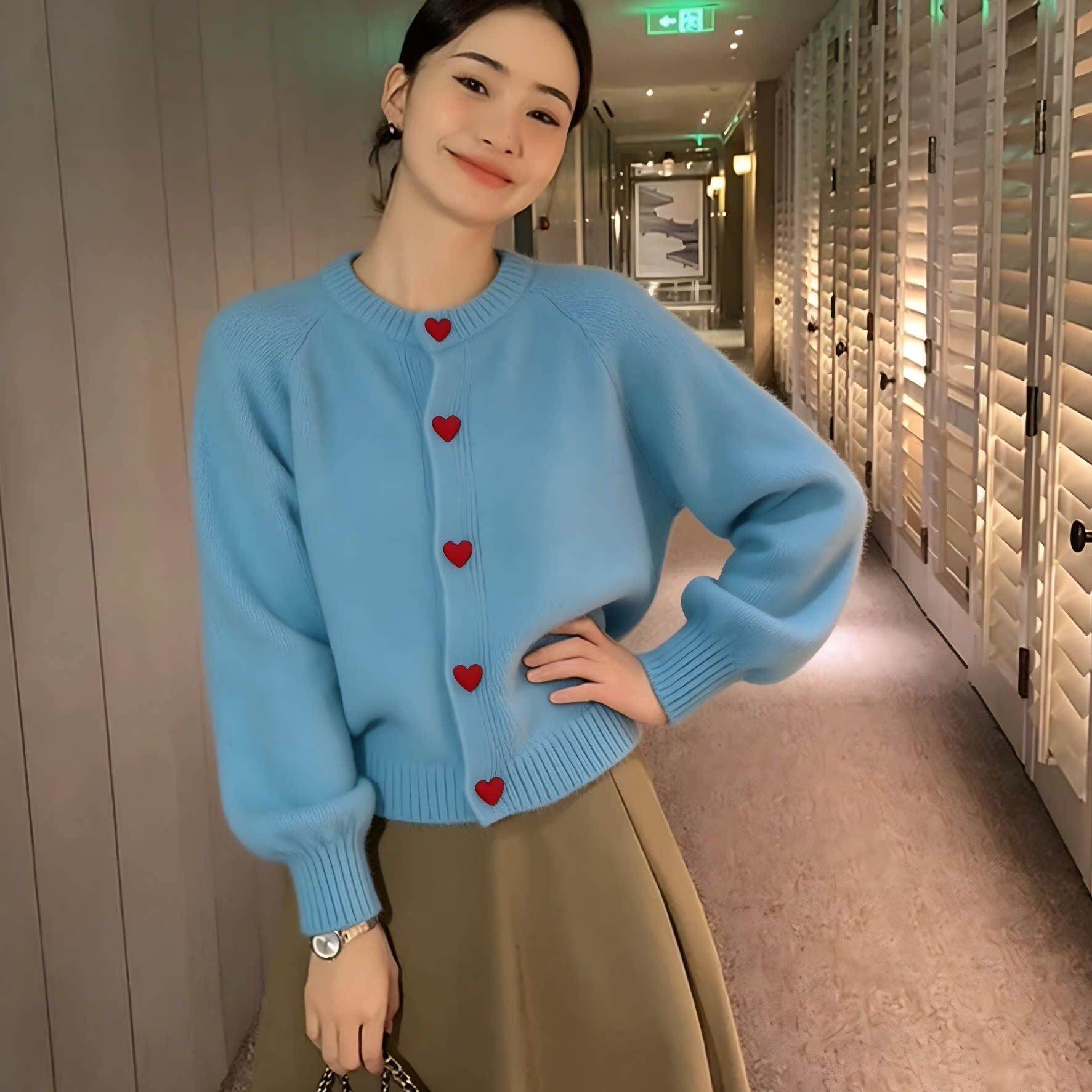 蓝色羊绒毛衣开衫女2026秋冬新款宽松显瘦小个子软糯羊毛针织外套