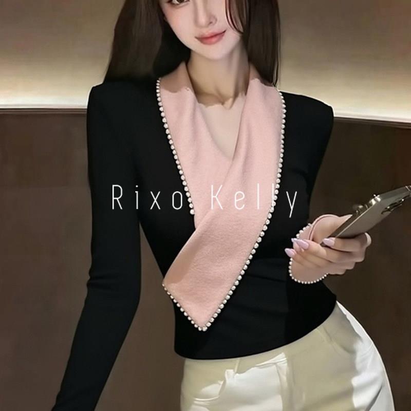 Rixo Kelly法式撞色珍珠拼接V领上衣女春季气质收腰显瘦T恤打底衫