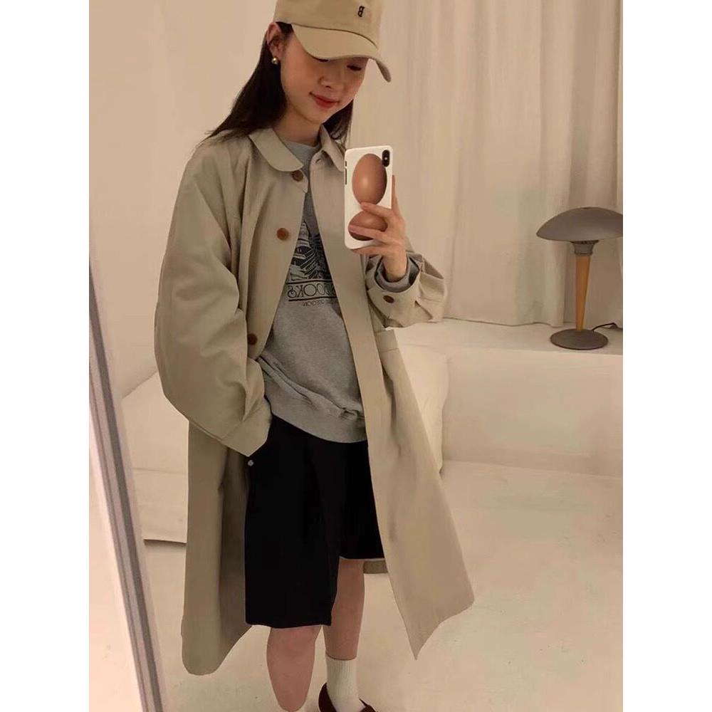 韩国正品egg鸡蛋家娃娃领风衣长款外套灯笼袖女开衫大衣新款