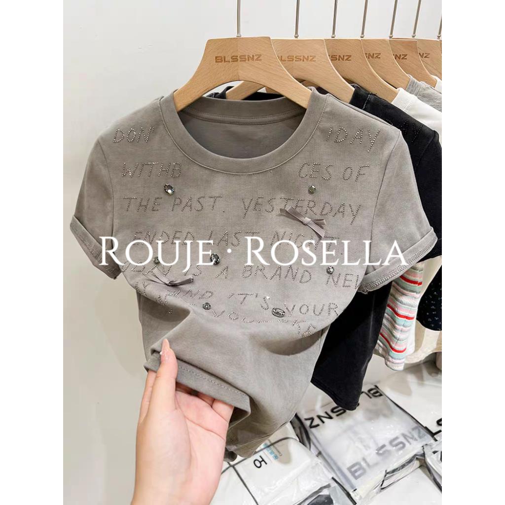 法国Rouje Rosella⭐蝴蝶结烫钻正肩短袖t恤女夏洋气独特别致上衣