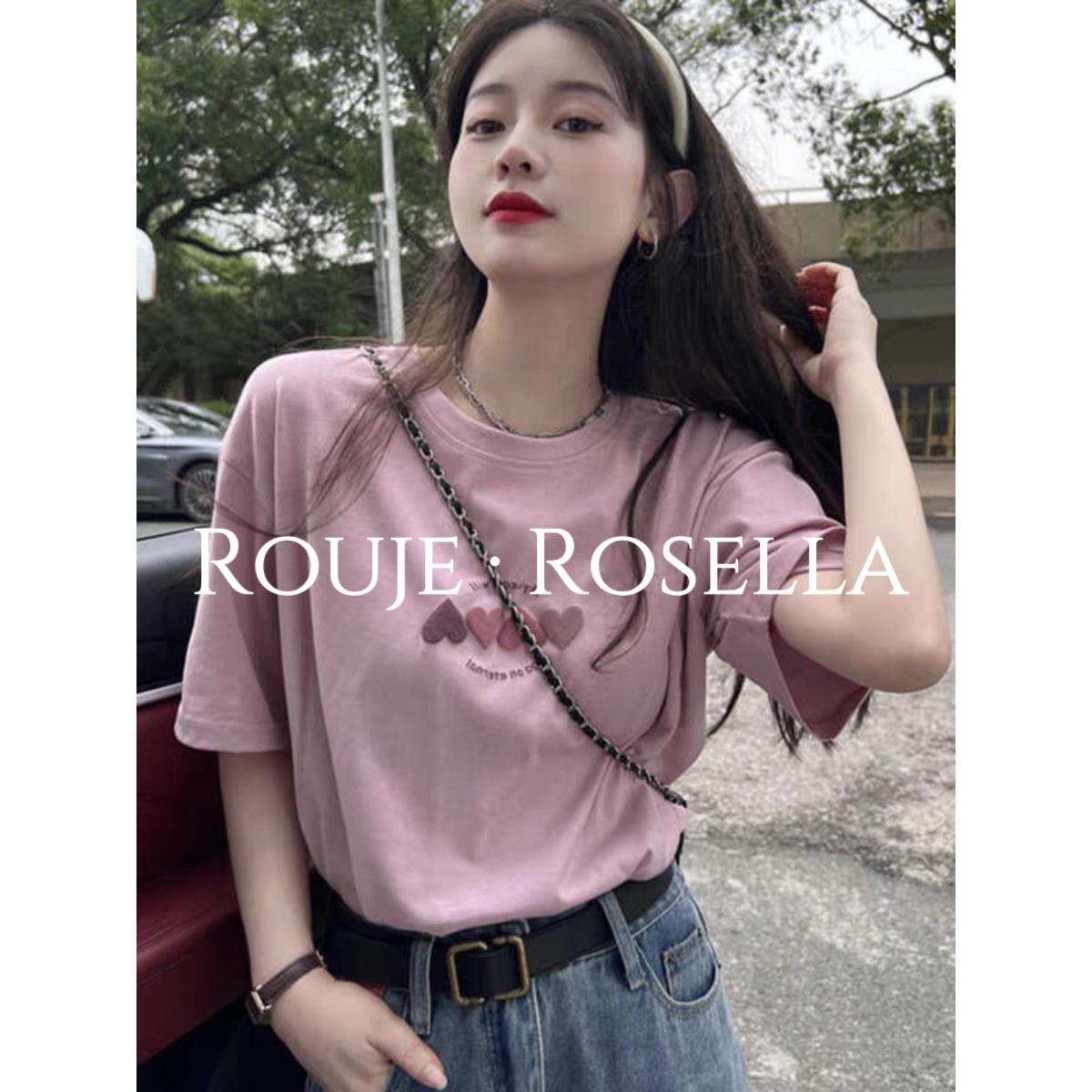 法国Rouje Rosella⭐粉色爱心印花圆领短袖t恤女夏季纯欲上衣潮