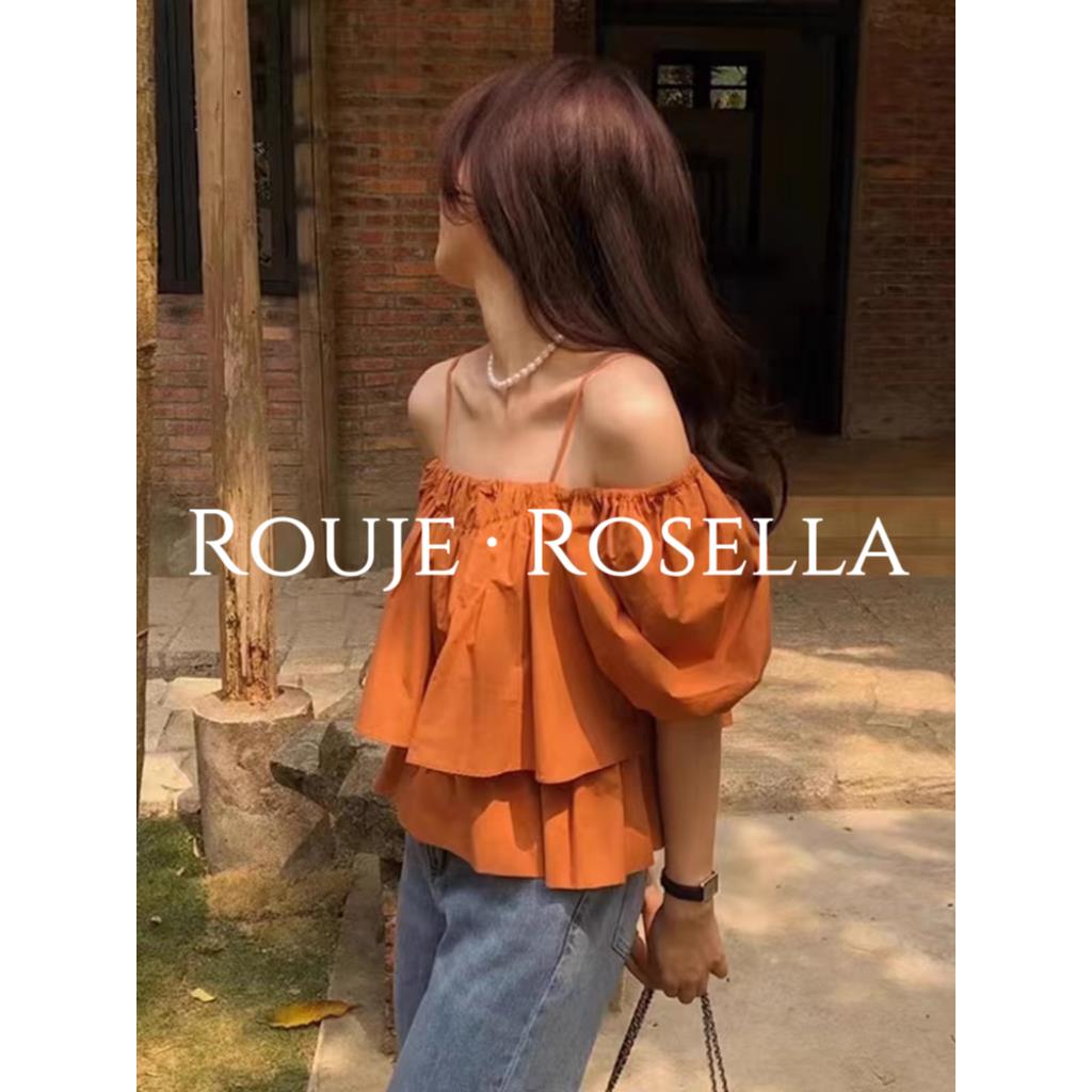 法国Rouje Rosella温柔甜美⭐一字肩泡泡袖女夏荷叶边吊带上衣