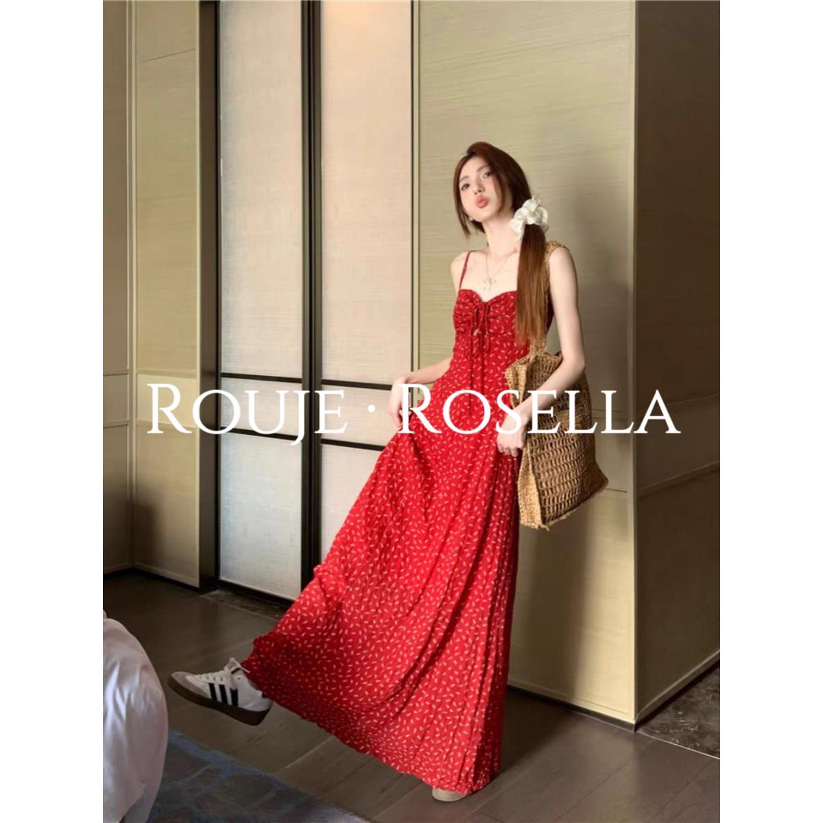 法国Rouje Rosella复古碎花裙红色连衣裙女夏季辣妹a字吊带长裙