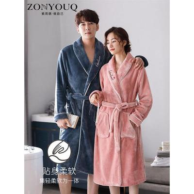 紫雨琪法兰绒睡袍冬季情侣睡衣女珊瑚绒加厚加绒保暖男大码家居服