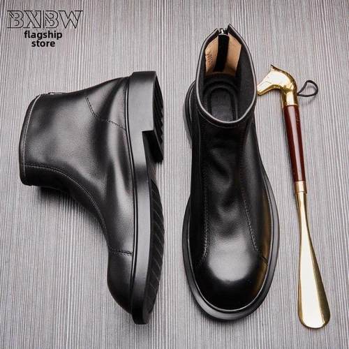 高端夏季新款真皮软牛皮靴男士切尔西靴英式工作靴中顶时髦马丁靴