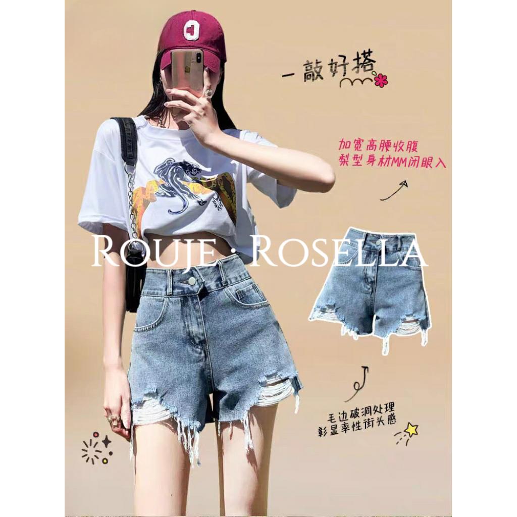法国Rouje Rosella复古做旧破洞牛仔短裤女夏高腰显瘦阔腿热裤