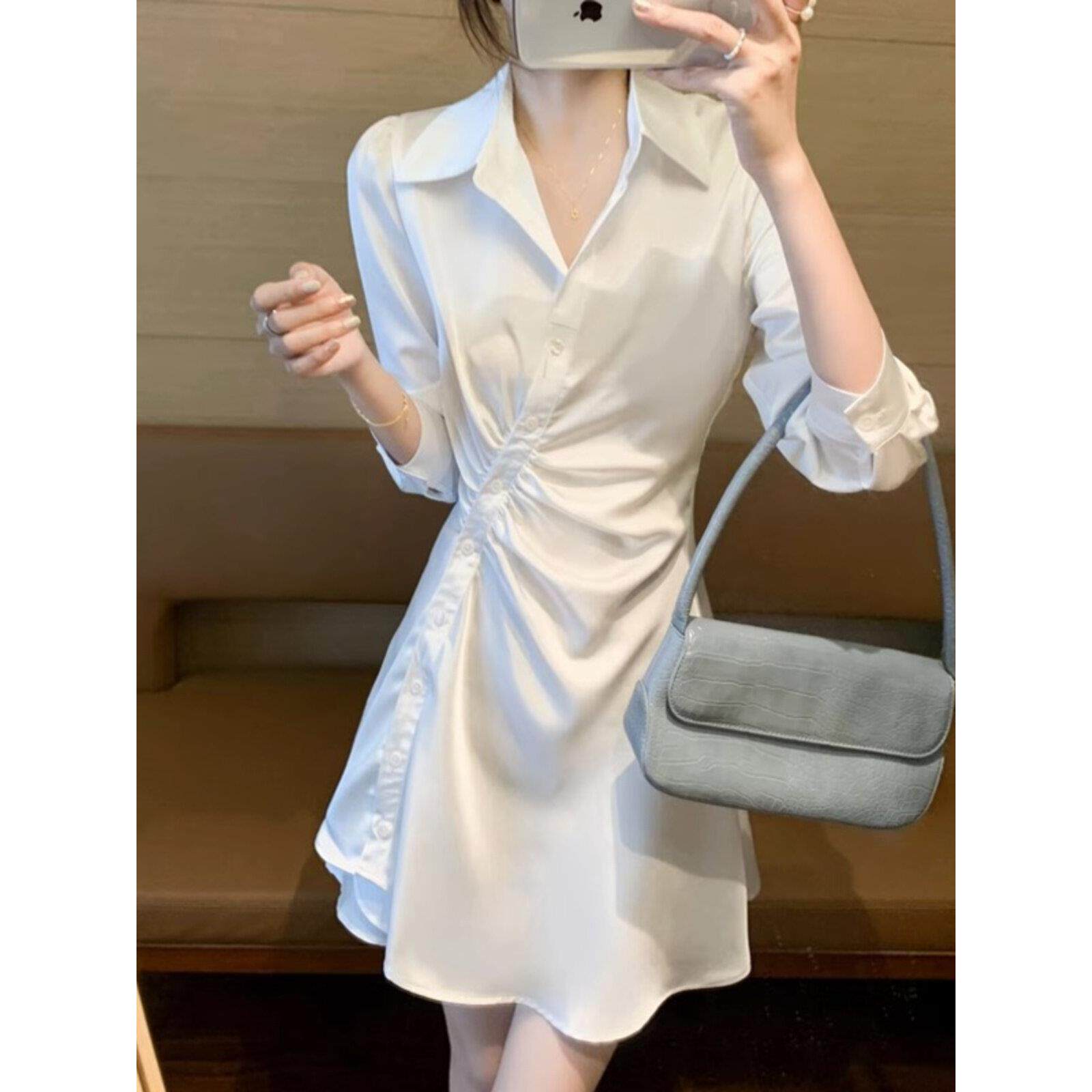 Spyb法国优雅的白色连衣裙女士夏季不对称腰修身长袖衬衫连衣裙为