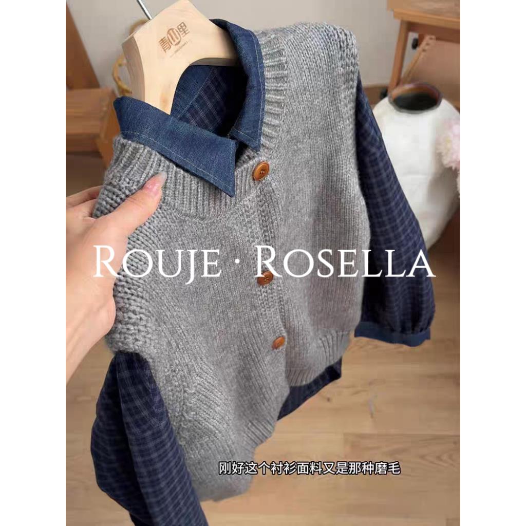 法国Rouje Rosella舒适减龄巨好看针织马甲女叠穿衬衫两件套