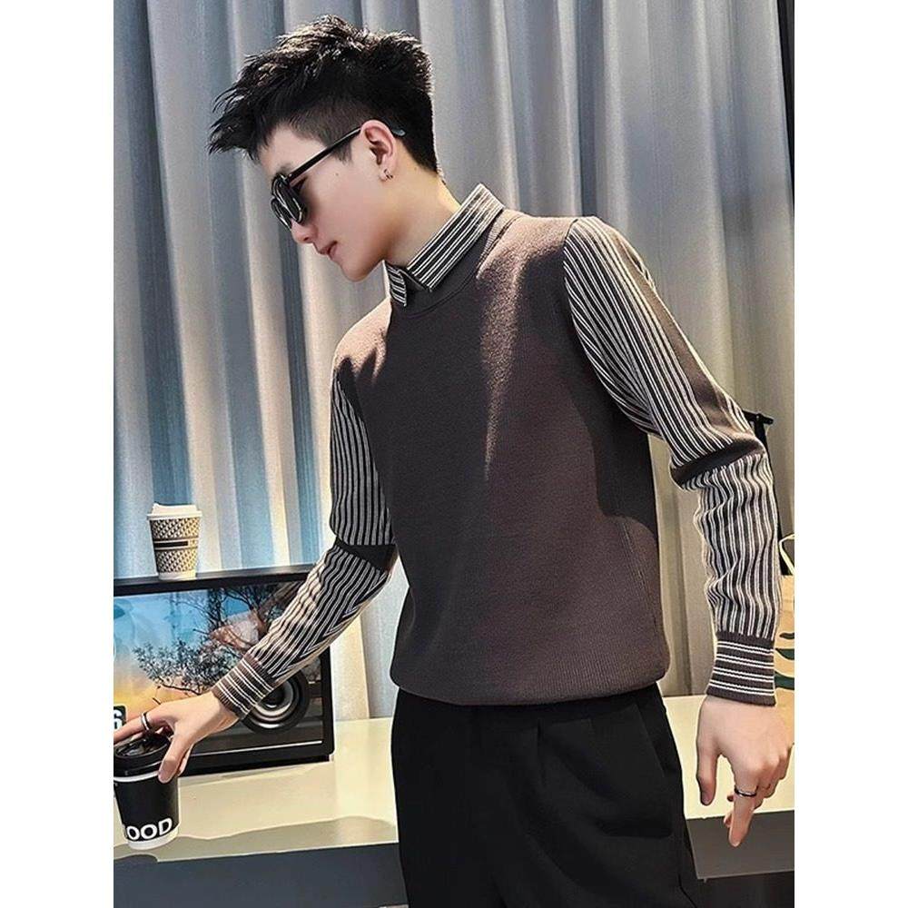 LL男装毛衣男春秋高级感加厚2024新款假两件针织衫衬衫领内搭爆款