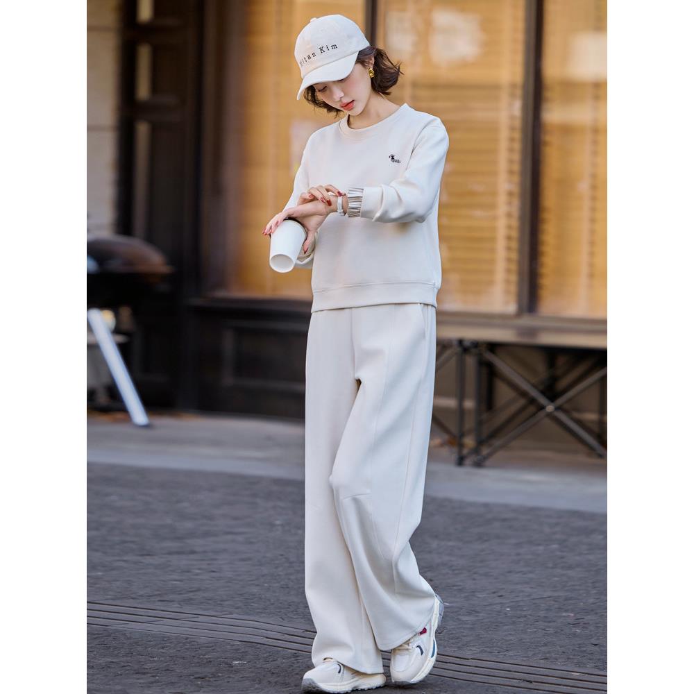 Rouje Dsyle米色运动服套装女春秋圆领套头刺绣卫衣阔腿裤两件套