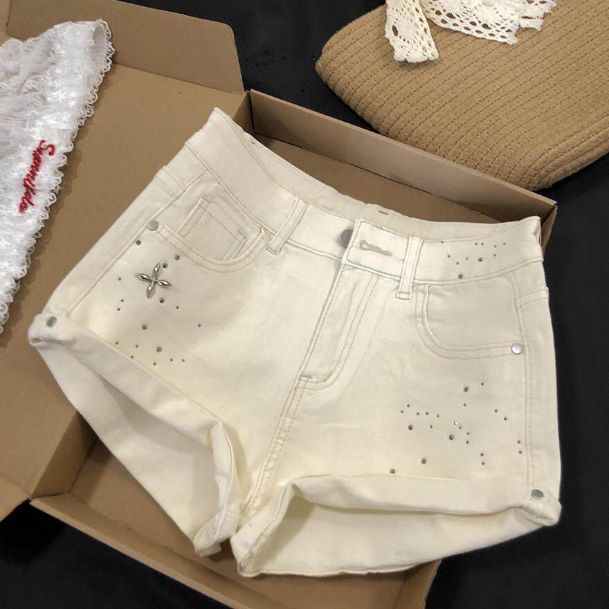 法国Rouje Dsyle重工烫钻卷边牛仔短裤女洋派辣妹百搭阔腿A字热裤