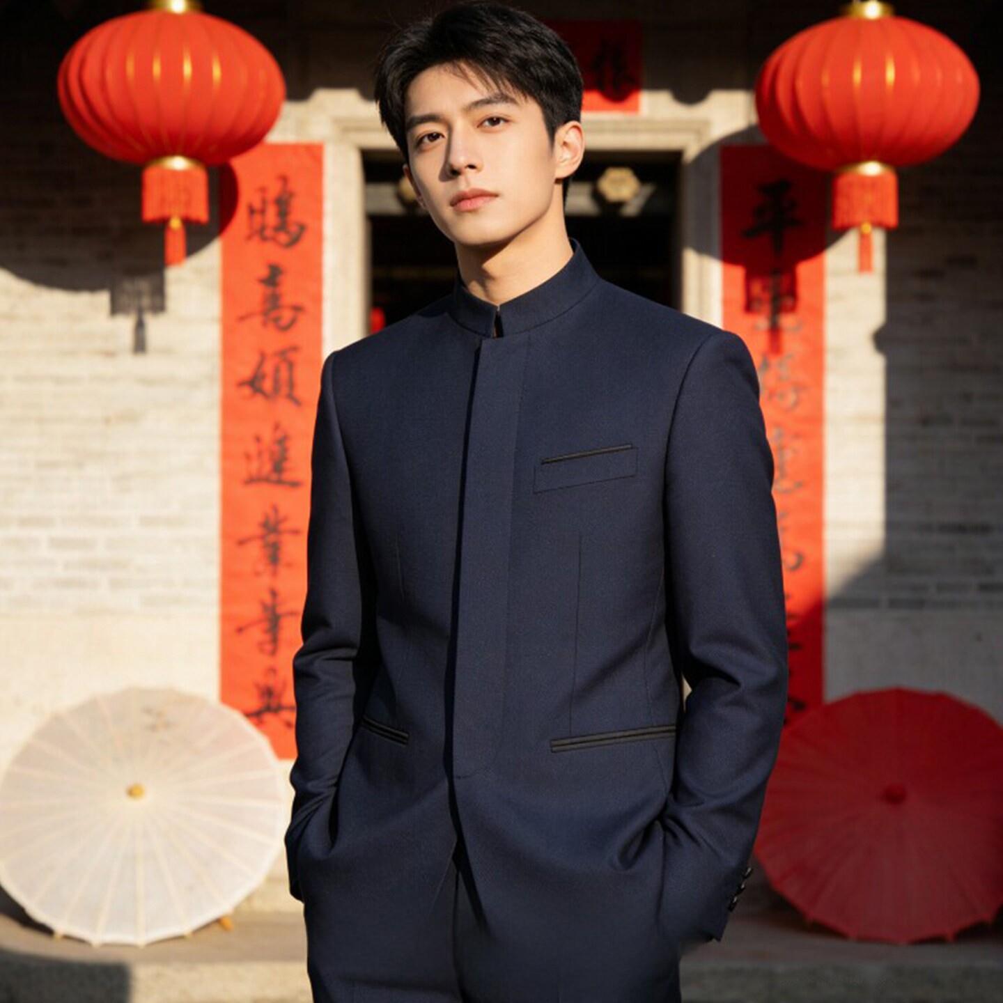 潮牌新中式暗扣立领中山装男士春季新款简约修身高级感西服外套