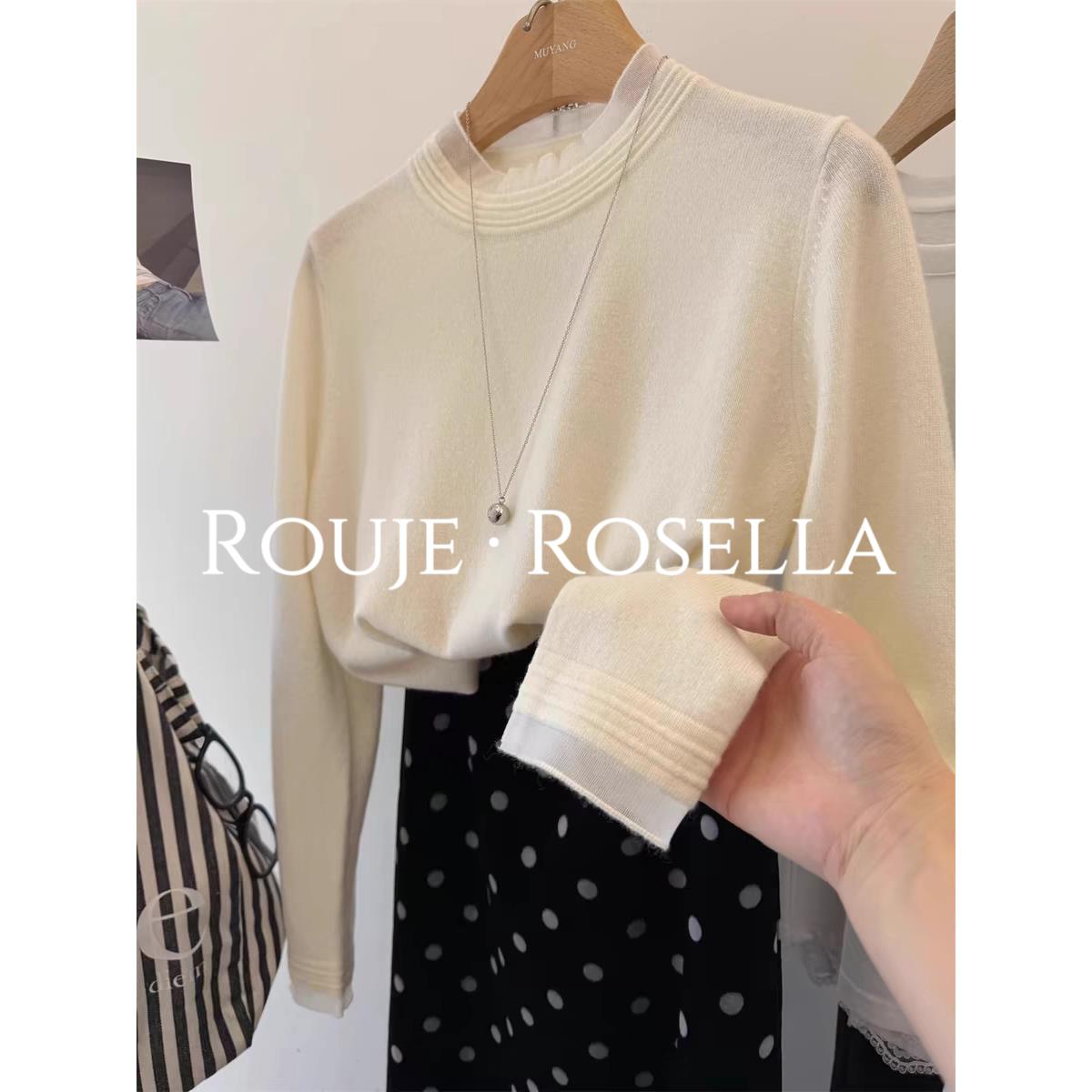 法国Rouje Rosella?法式德绒蕾丝花边针织衫女早春内搭打底上衣