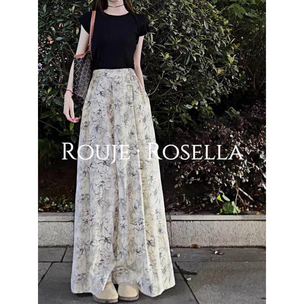 法国Rouje Rosella高腰法式雪纺宽松阔腿裤高腰水墨印花休闲裤