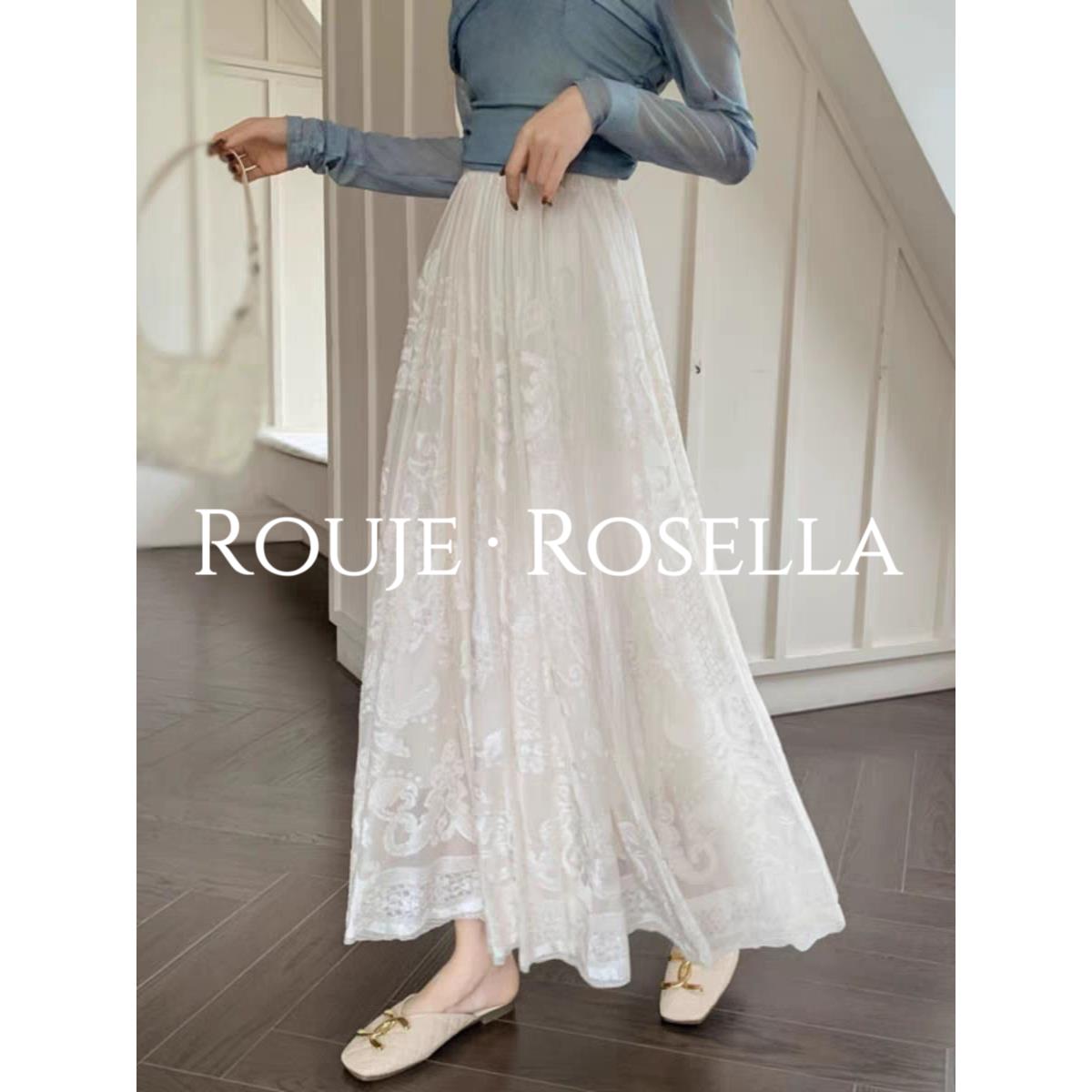 法国Rouje Rosella提花蕾丝半身裙女刺绣遮跨半裙高腰长裙