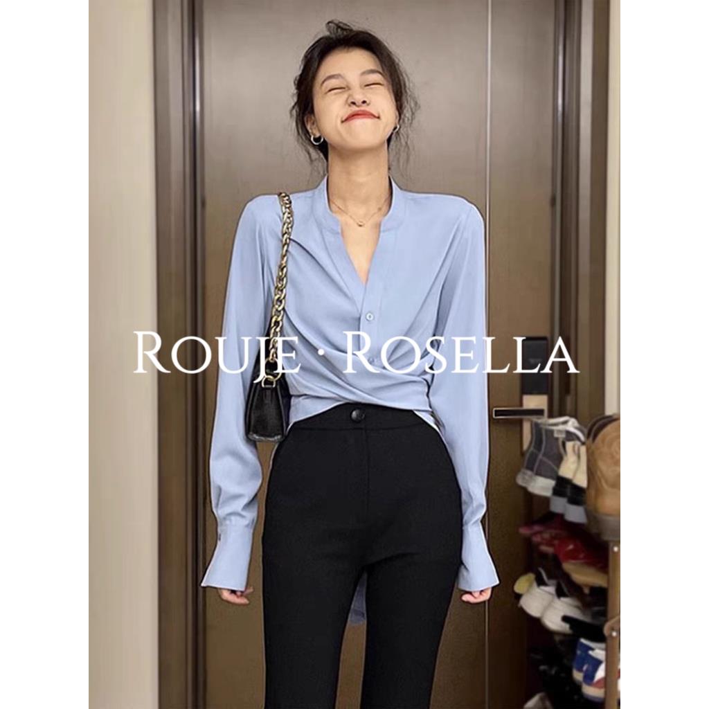 法国Rouje Rosella法式气质蓝色v领长袖衬衫女收腰显瘦上衣