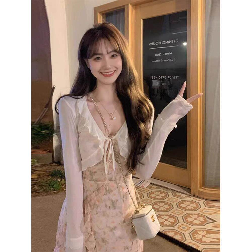 日系纯欲风v领短款冰丝防晒开衫女薄纱小坎肩薄款披肩配裙子外搭