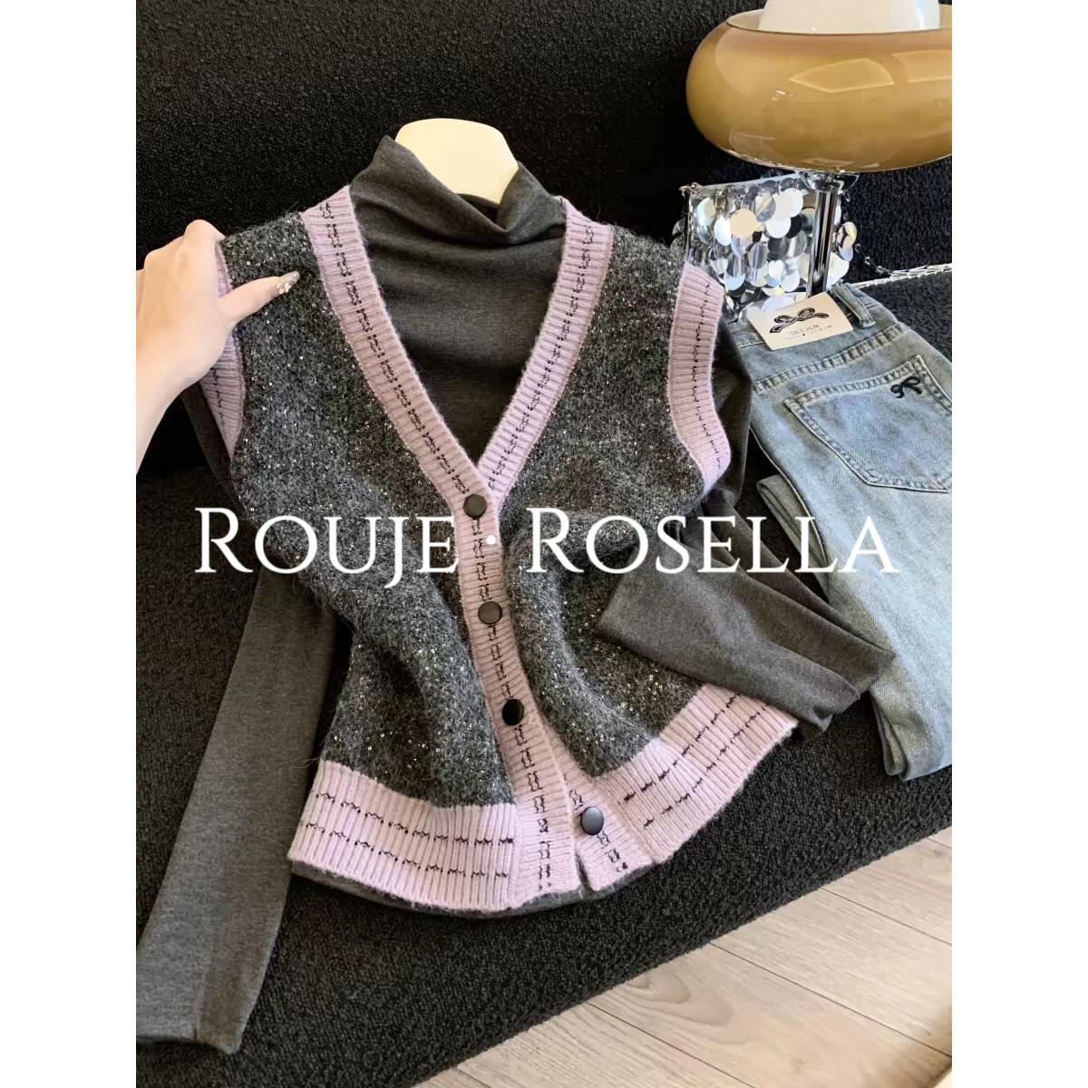 法国Rouje Rosella气质满满?减龄甜美坎肩马甲背心长袖T恤两件套