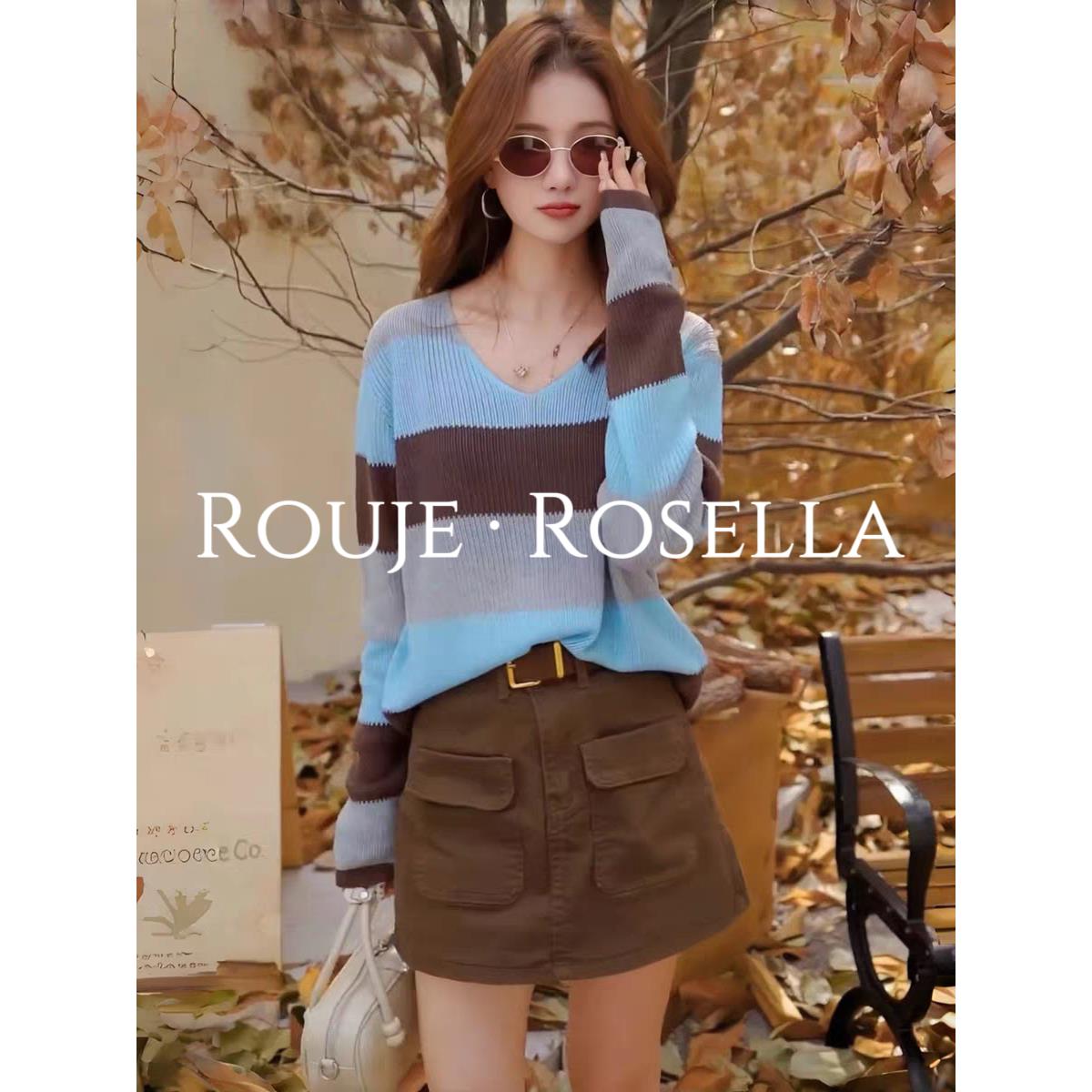 法国Rouje Rosella⭐慵懒风拼接撞色百搭V领针织套头毛衣女上衣